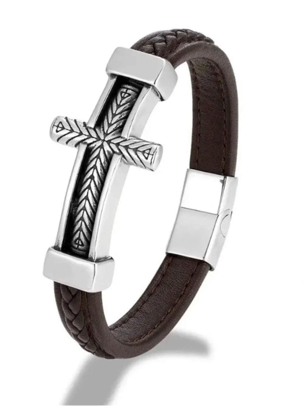 Brown Leather Men's Cross Bracelet with Silver Accent